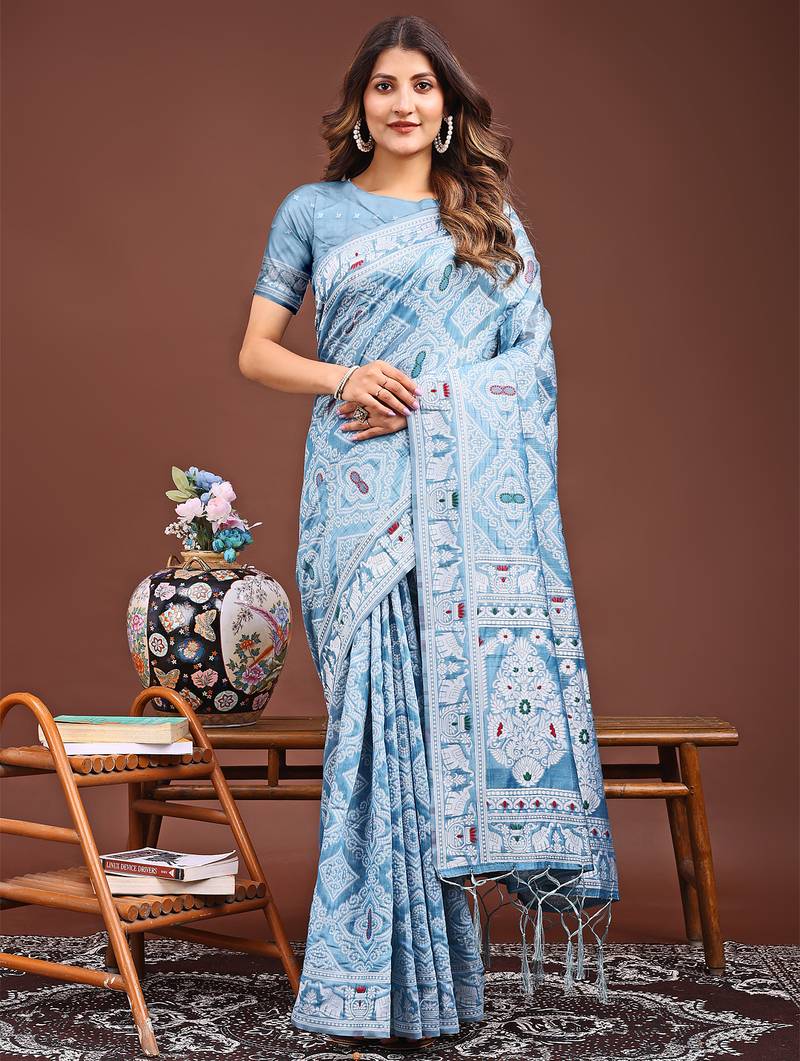 sky blue color woven work linen cotton saree