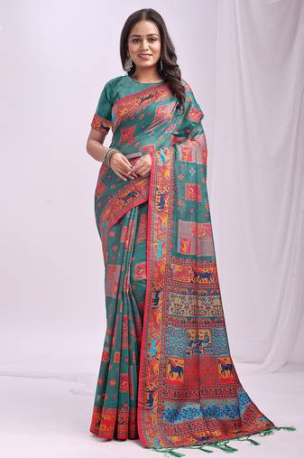 rama green color woven work linen cotton saree