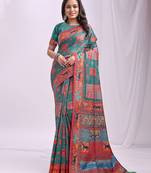 rama green color woven work linen cotton saree