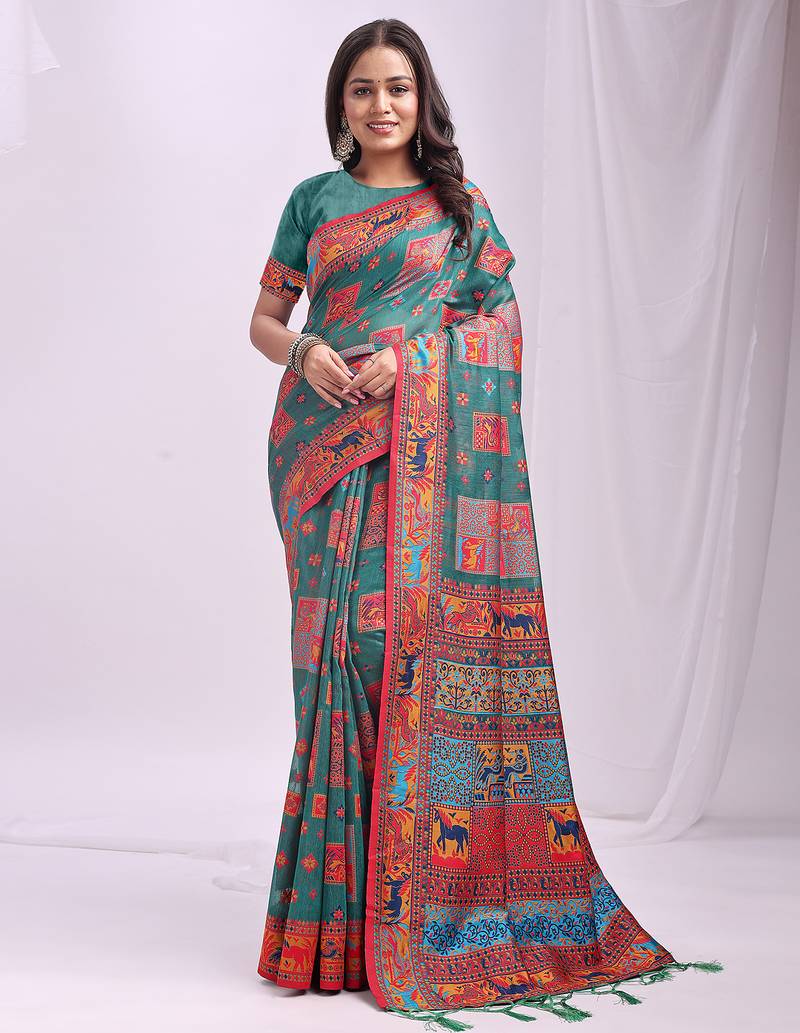 rama green color woven work linen cotton saree