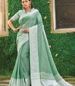 rama green solid with woven border linen saree