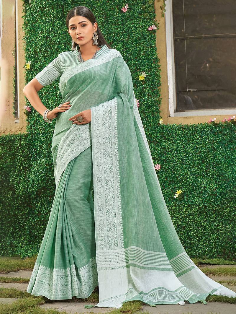 rama green solid with woven border linen saree