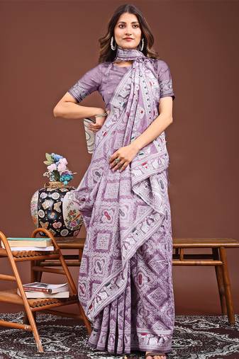 purple color woven work linen cotton saree