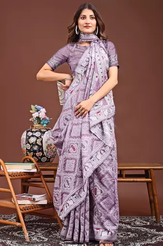 purple color woven work linen cotton saree