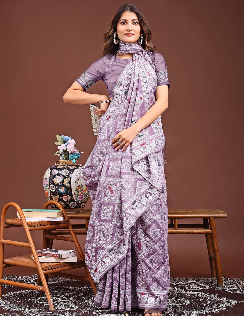 purple color woven work linen cotton saree