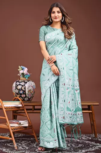 sea green color woven work linen cotton saree