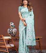 sea green color woven work linen cotton saree
