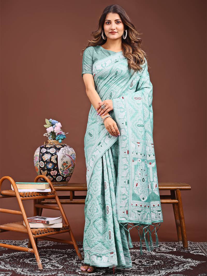 sea green color woven work linen cotton saree