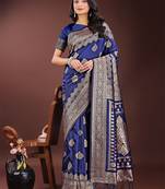 navy blue color woven art silk saree with blouse