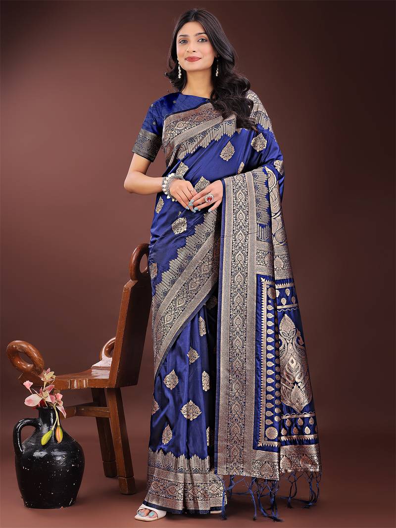 navy blue color woven art silk saree with blouse