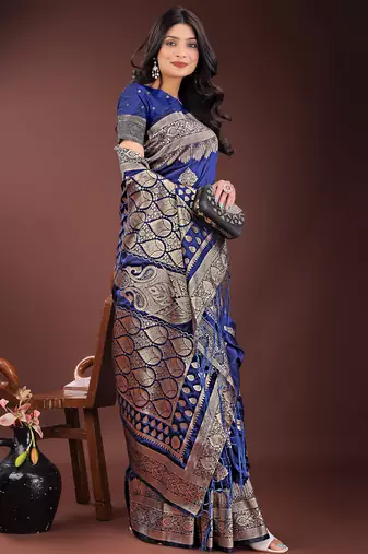 navy blue color woven art silk blend saree with blouse