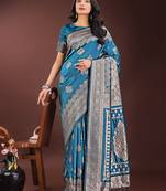 teal color woven art silk saree with blouse