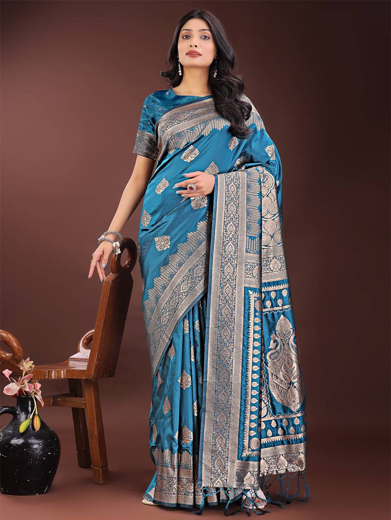 teal color woven art silk saree with blouse