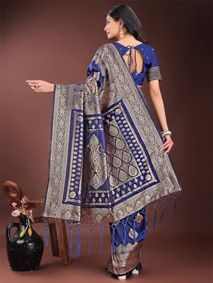 navy blue woven art silk blend saree with blouse 3