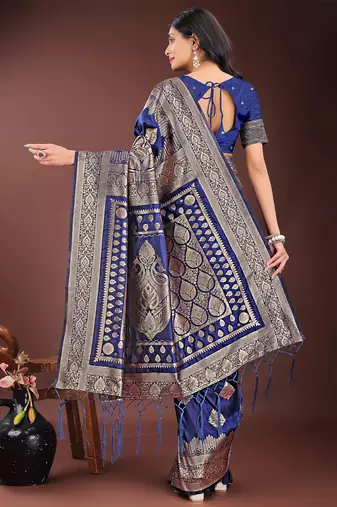 navy blue color woven art silk blend saree with blouse