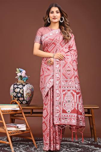 peach color woven work linen cotton saree