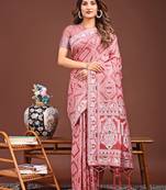 peach color woven work linen cotton saree