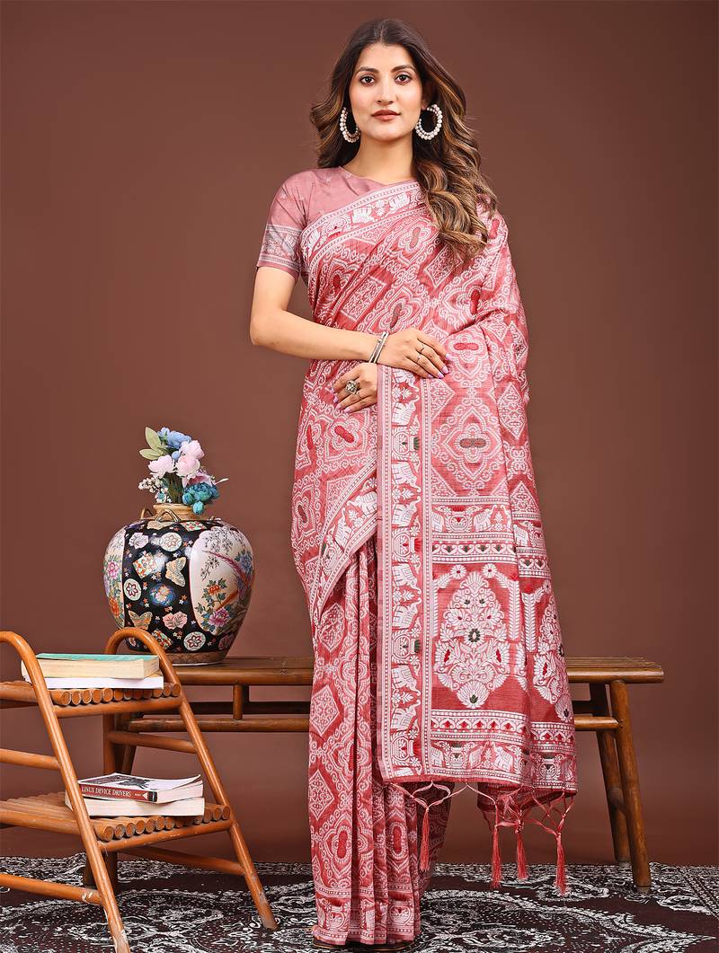 peach color woven work linen cotton saree