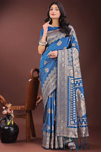 sky blue color woven art silk saree with blouse