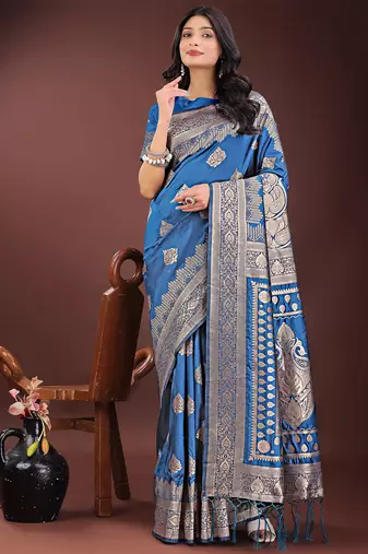 sky blue color woven art silk saree with blouse