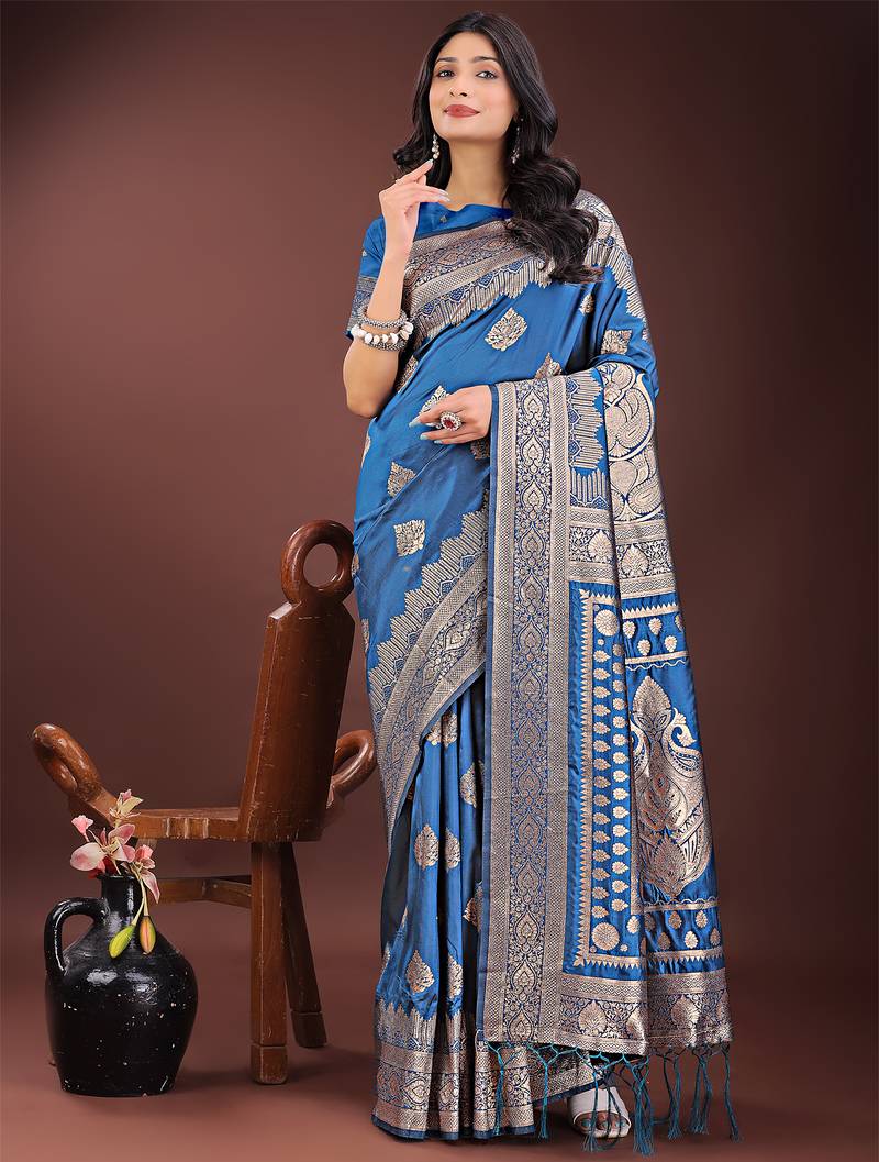 sky blue color woven art silk saree with blouse