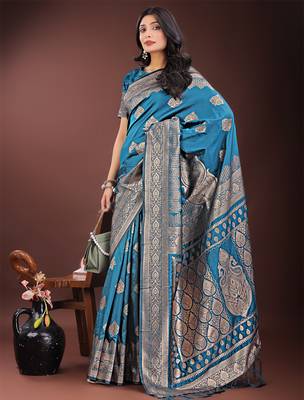 teal color woven art silk blend saree with blouse 2
