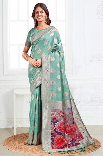 rama green color printed & woven work linen cotton saree