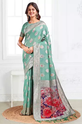 rama green color printed & woven work linen cotton saree