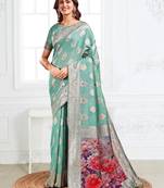 rama green color printed & woven work linen cotton saree