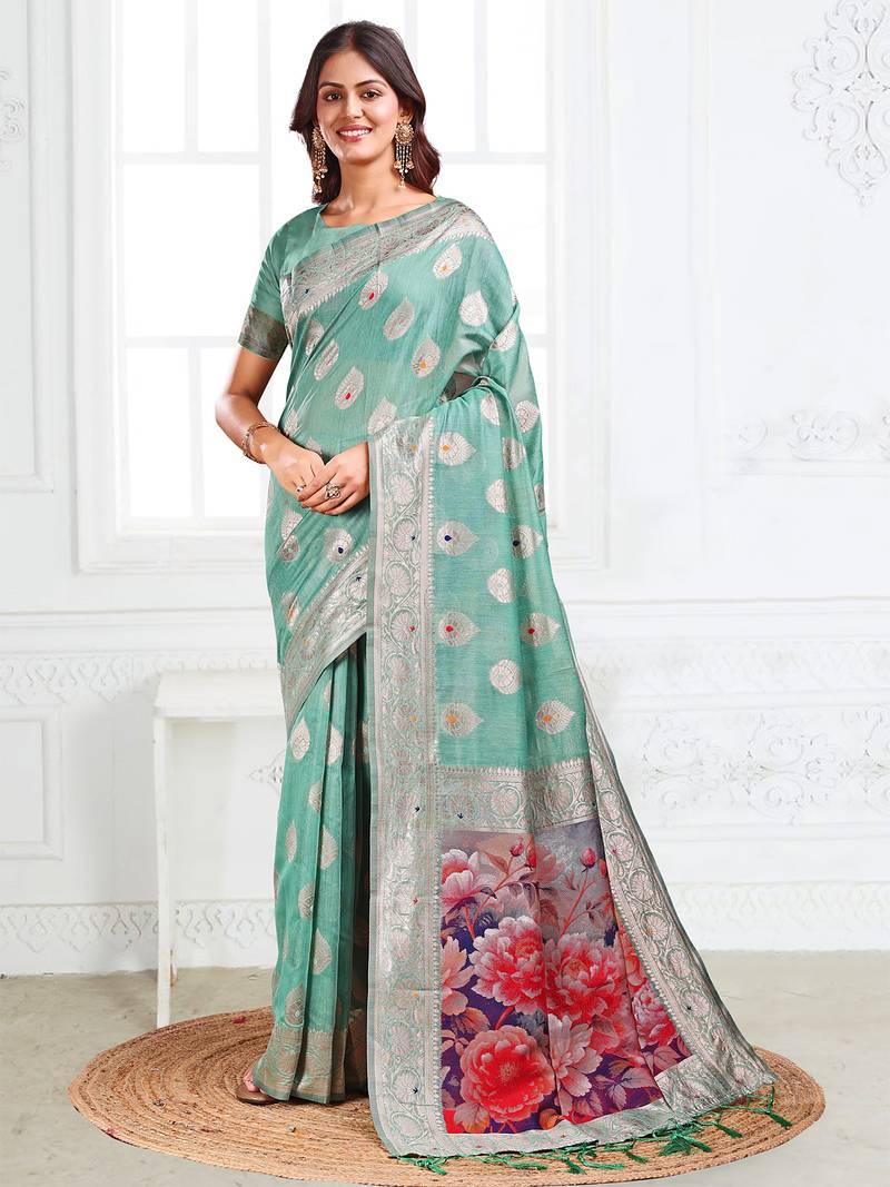 rama green color printed & woven work linen cotton saree
