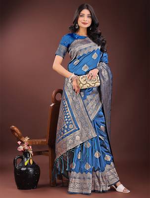 sky blue color woven art silk blend saree with blouse 2