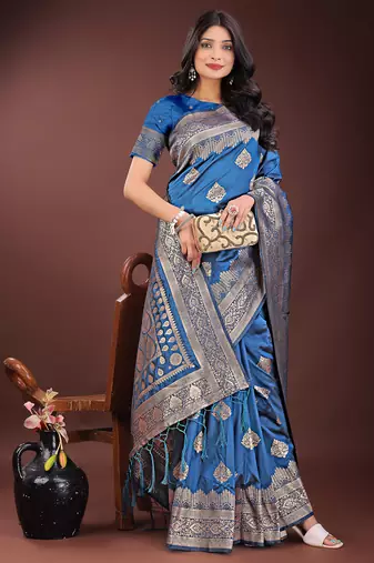 sky blue color woven art silk blend saree with blouse