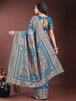 teal color woven art silk blend saree with blouse 3