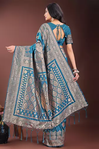 teal color woven art silk blend saree with blouse