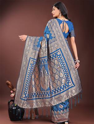 sky blue color woven art silk blend saree with blouse 3