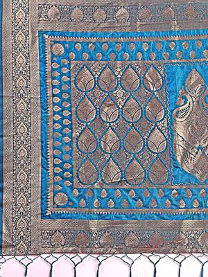teal color woven art silk blend saree with blouse 4