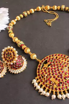 GORGEOUS HUGE TEMPLE PENDANT MEENAKRI ROYAL NECKALCE SET WITH JHUMKKA DJ16916
