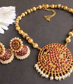 Gorgeous Huge Temple Pendant Meenakri Royal Neckalce Set With Jhumkka Dj16916