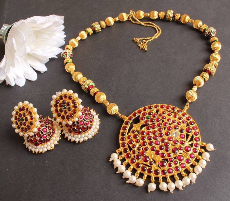 GORGEOUS HUGE TEMPLE PENDANT MEENAKRI ROYAL NECKALCE SET WITH JHUMKKA DJ16916