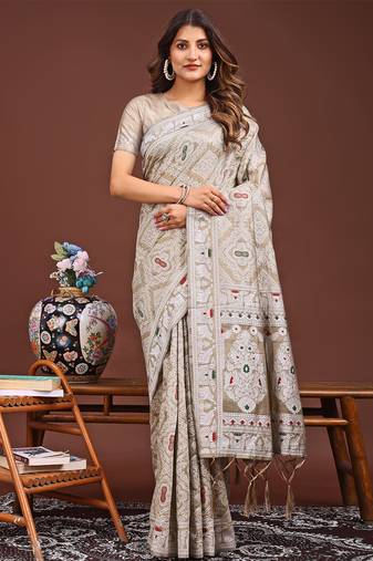 brown color woven work linen cotton saree
