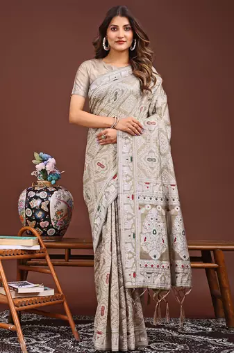 brown color woven work linen cotton saree