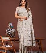 brown color woven work linen cotton saree