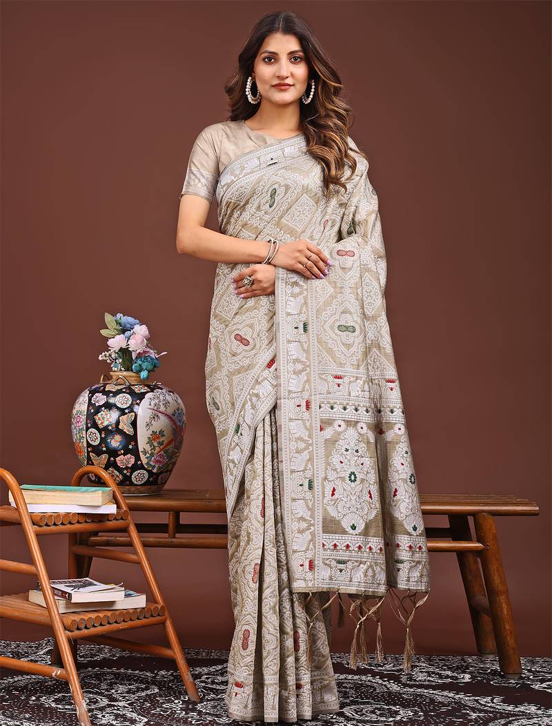 brown color woven work linen cotton saree