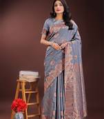 grey color woven work linen cotton saree