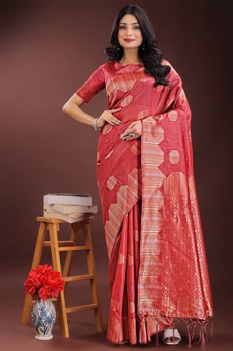 red color woven work linen cotton saree