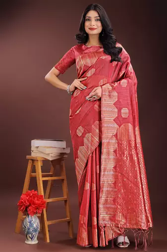 red color woven work linen cotton saree