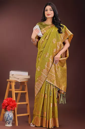 musturd color woven work linen cotton saree