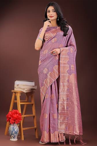 purple color woven work linen cotton saree