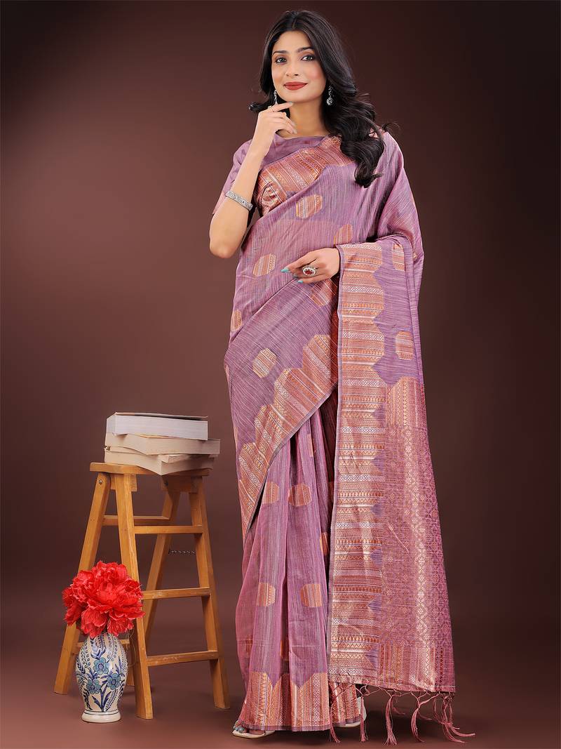 purple color woven work linen cotton saree