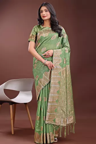 light green color woven work linen cotton saree